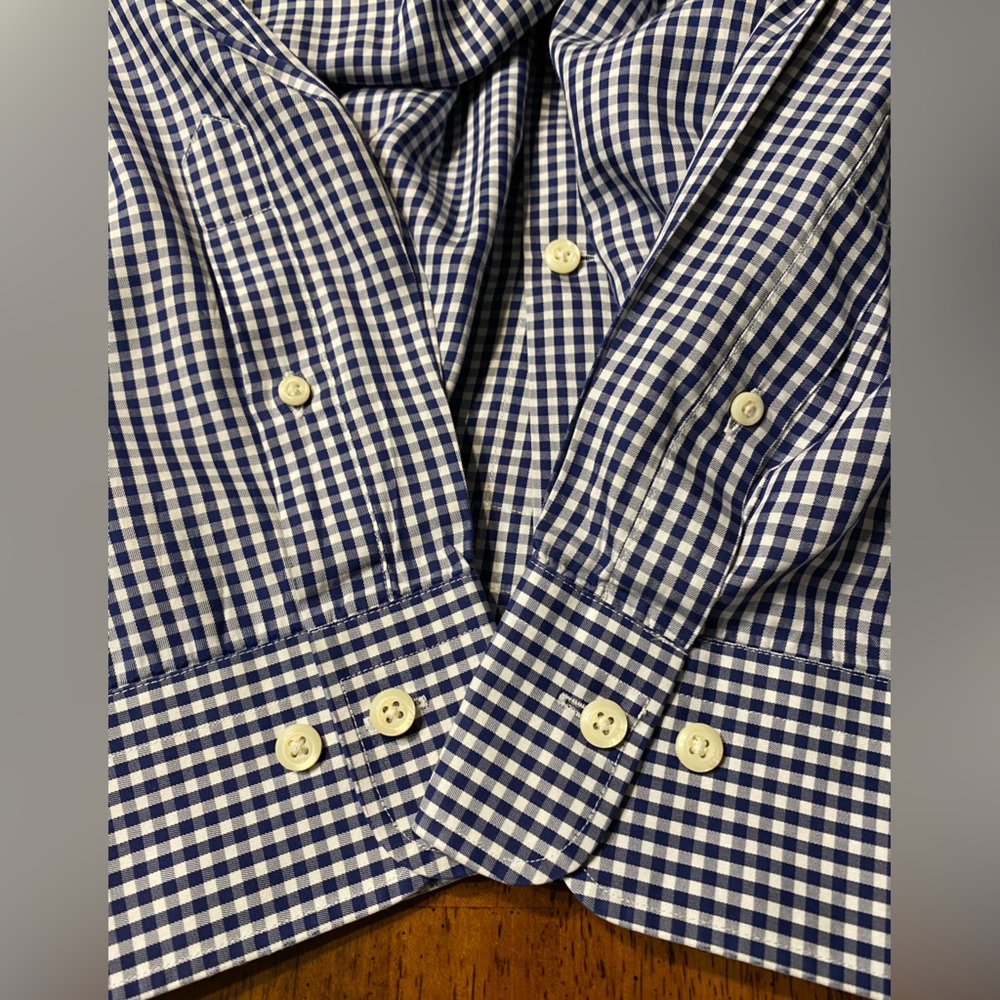 Peter Millar Crown Soft Navy & White Gingham cotton/silk blend shirt  Size 4X - Picture 9 of 10